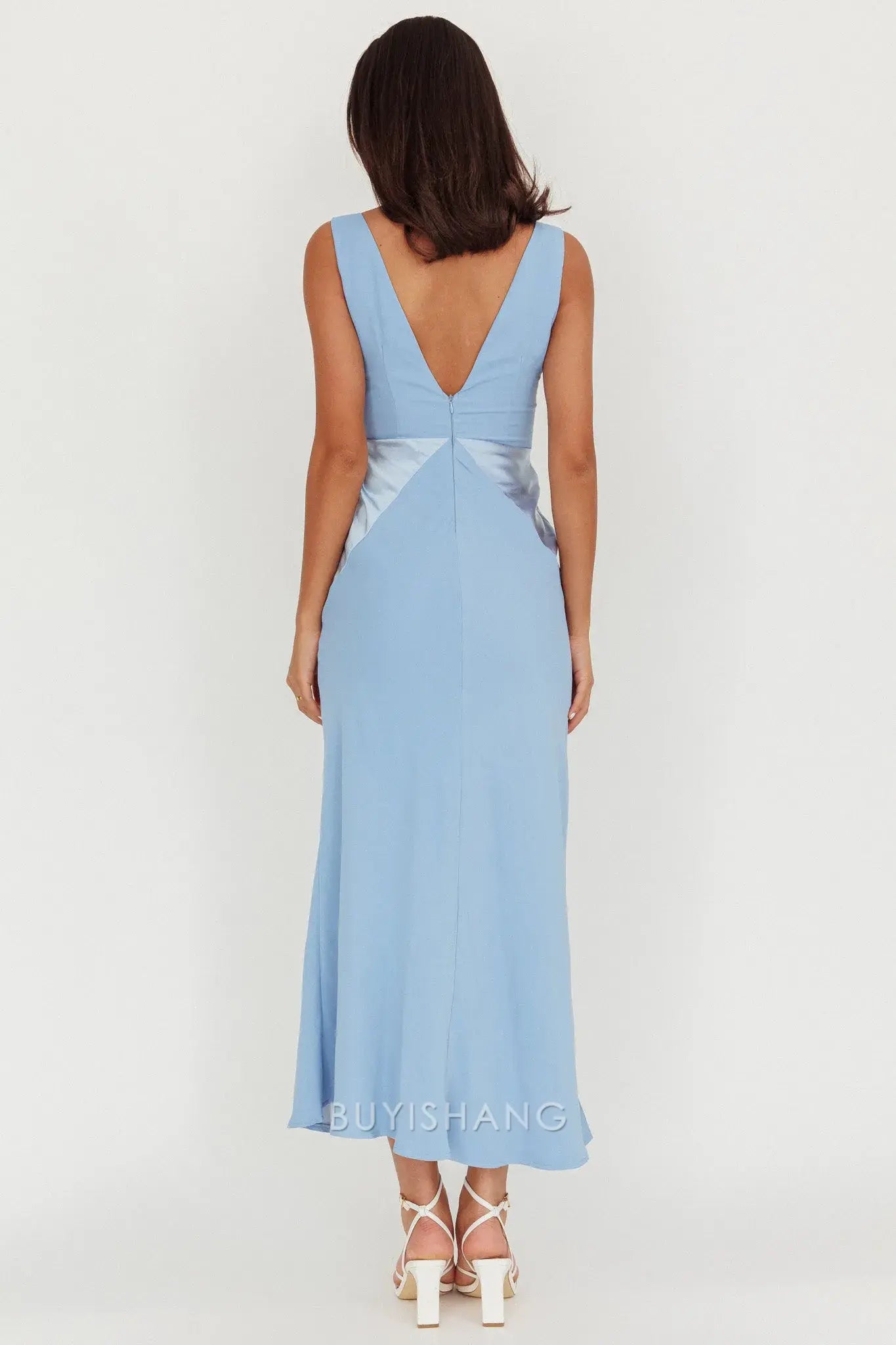 Fashionable Blue Satin Deep V - Neck Open Back Maxi Dress prom dress