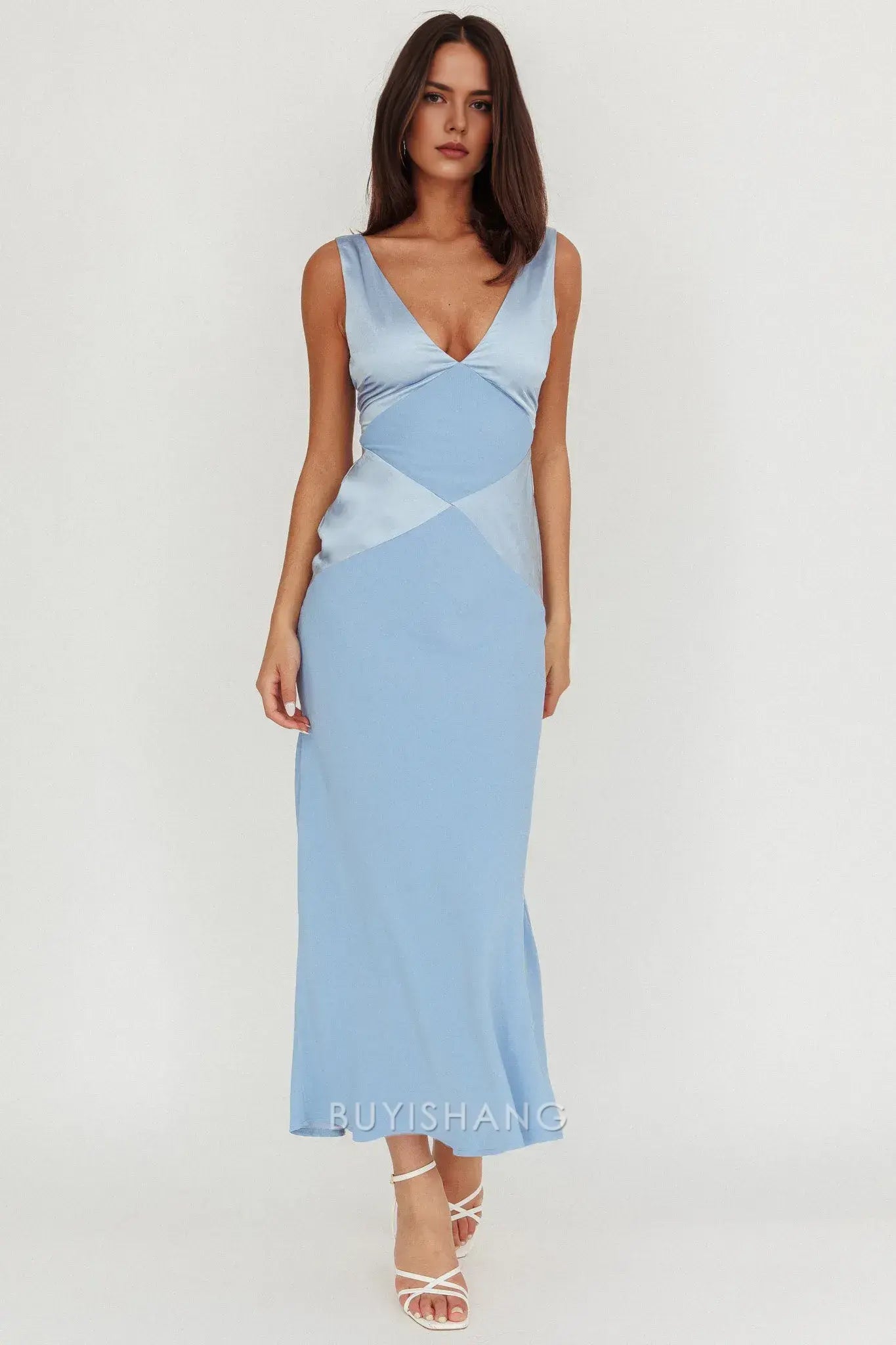 Fashionable Blue Satin Deep V - Neck Open Back Maxi Dress prom dress