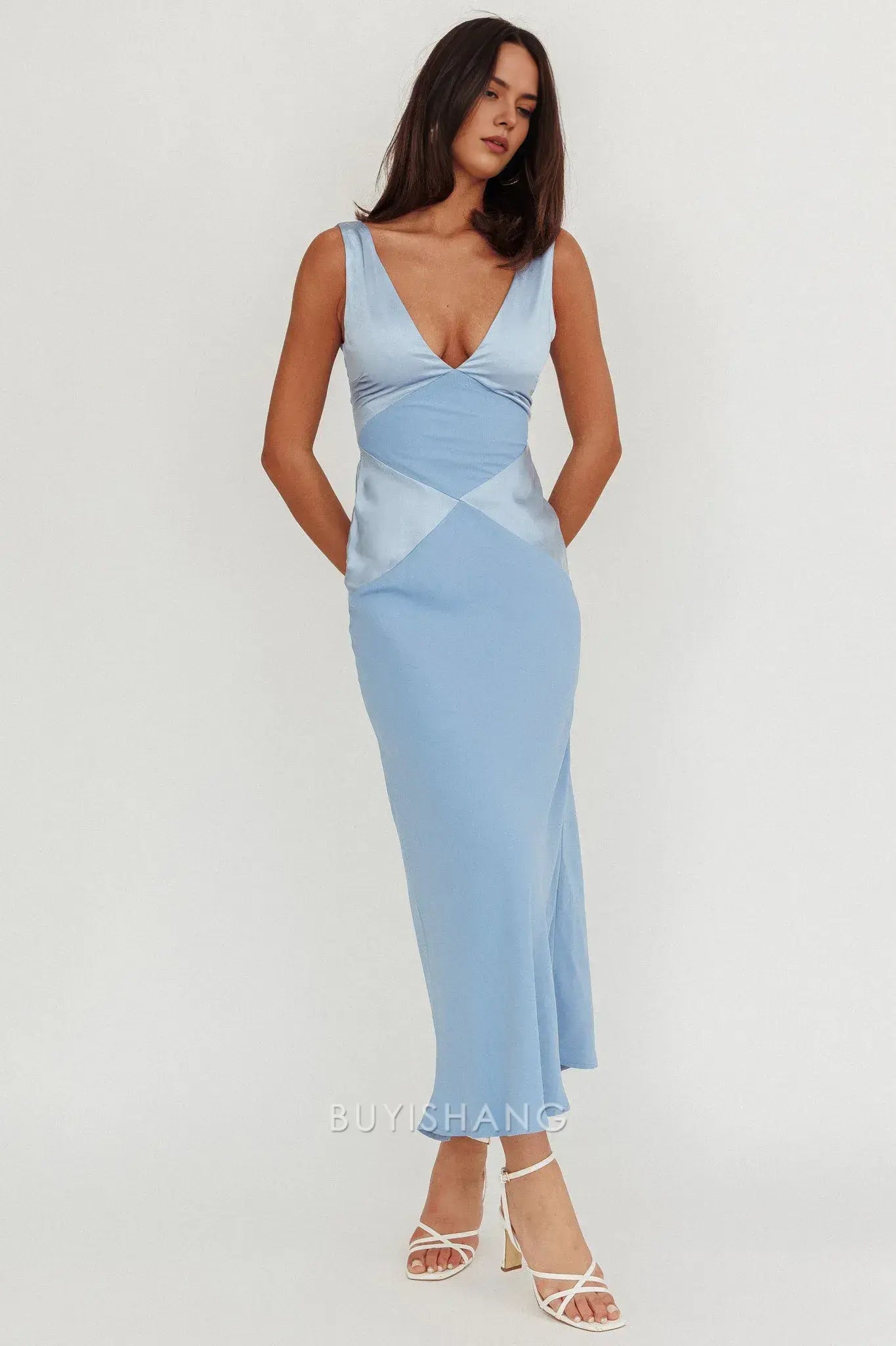 Fashionable Blue Satin Deep V - Neck Open Back Maxi Dress prom dress