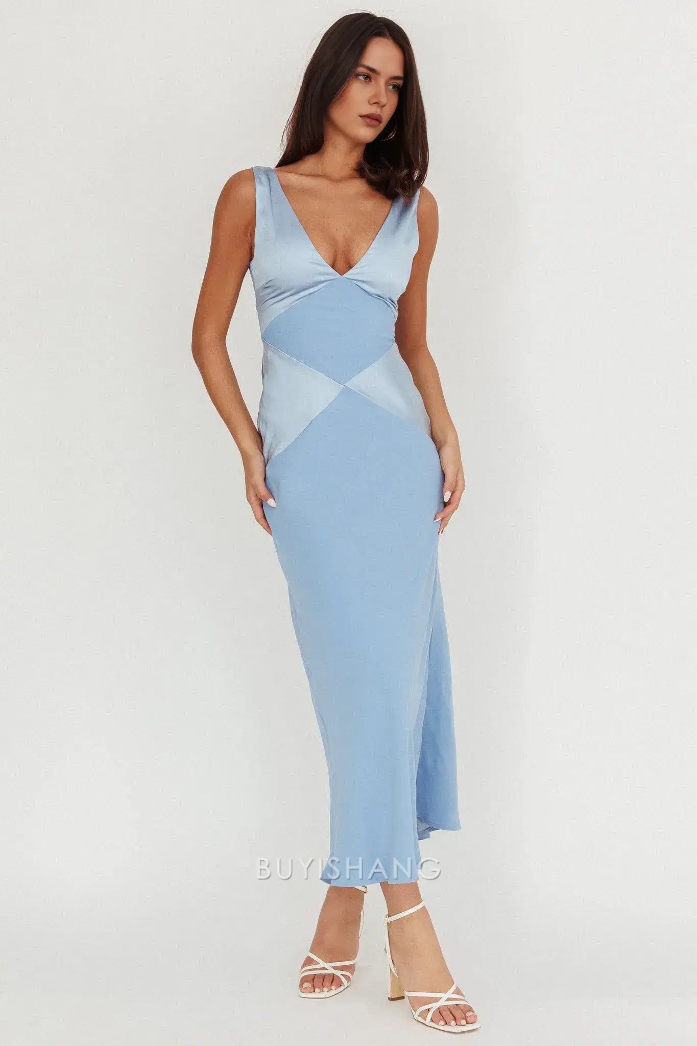 Fashionable Blue Satin Deep V - Neck Open Back Maxi Dress prom dress