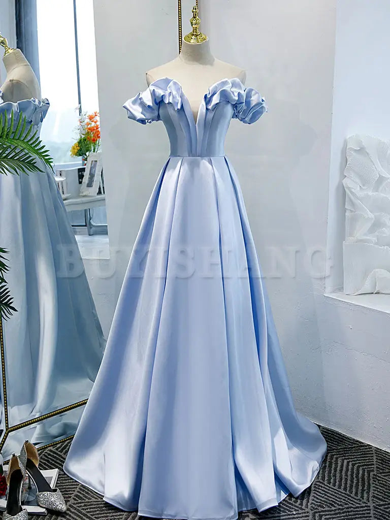 Buyishang Blue A-line Off Shoulder Long Prom Dress Blue Evening Dress prom dress in store