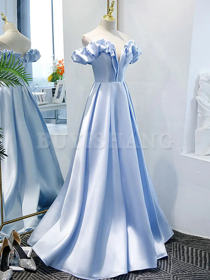 Buyishang Blue A-line Off Shoulder Long Prom Dress Blue Evening Dress prom dress in store