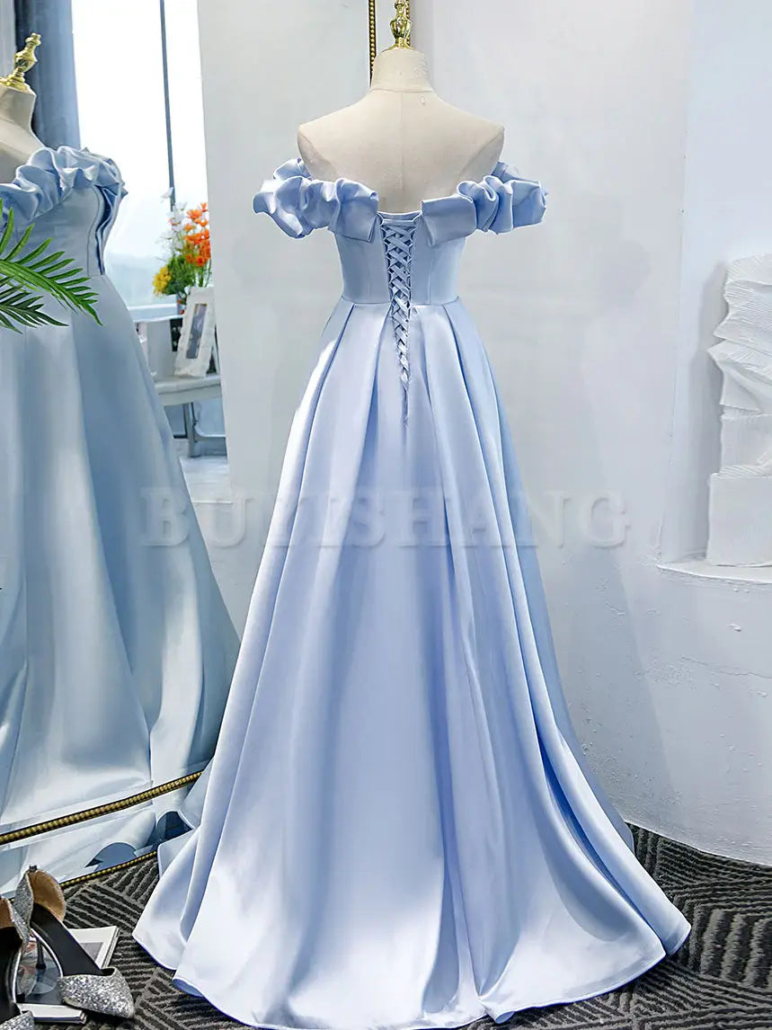 Buyishang Blue A-line Off Shoulder Long Prom Dress Blue Evening Dress prom dress in store