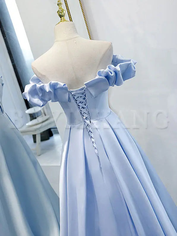 Buyishang Blue A-line Off Shoulder Long Prom Dress Blue Evening Dress prom dress in store