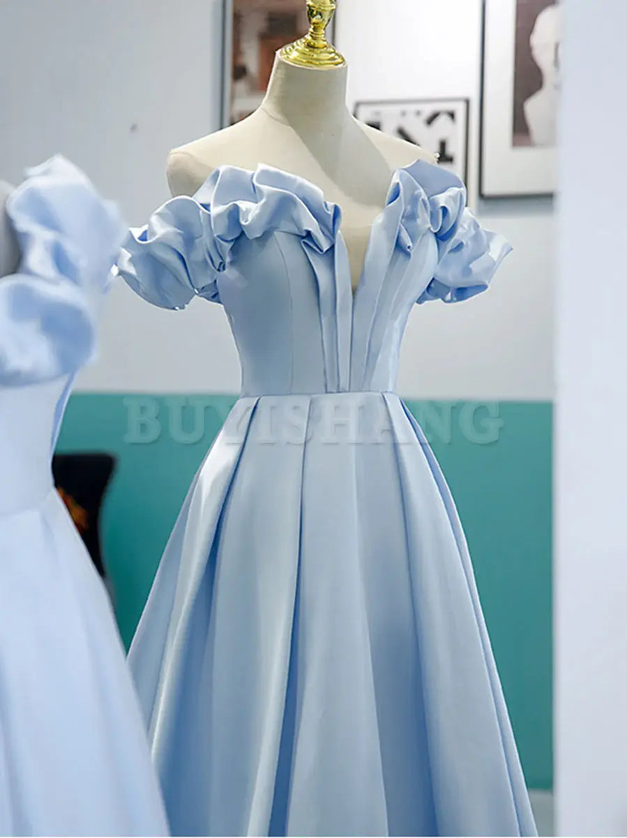 Buyishang Blue A-line Off Shoulder Long Prom Dress Blue Evening Dress prom dress in store