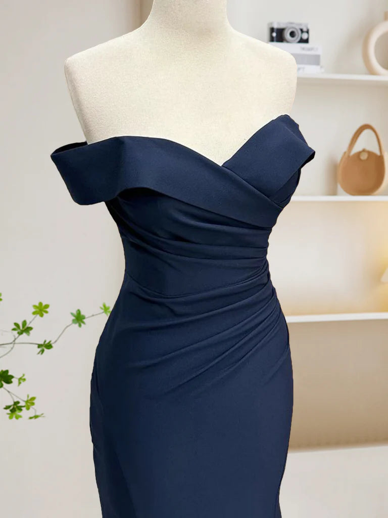 Buyishang Mermaid Satin Dark Blue Long Prom Dress Dark Blue Long Formal Dress