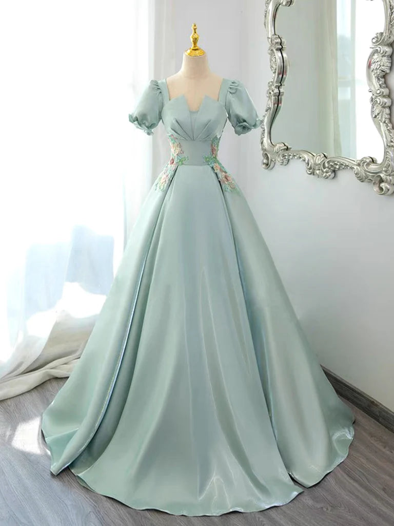 Buyishang A-Line Satin Lace Applique Green Long Prom Dress Green Long Formal Dress