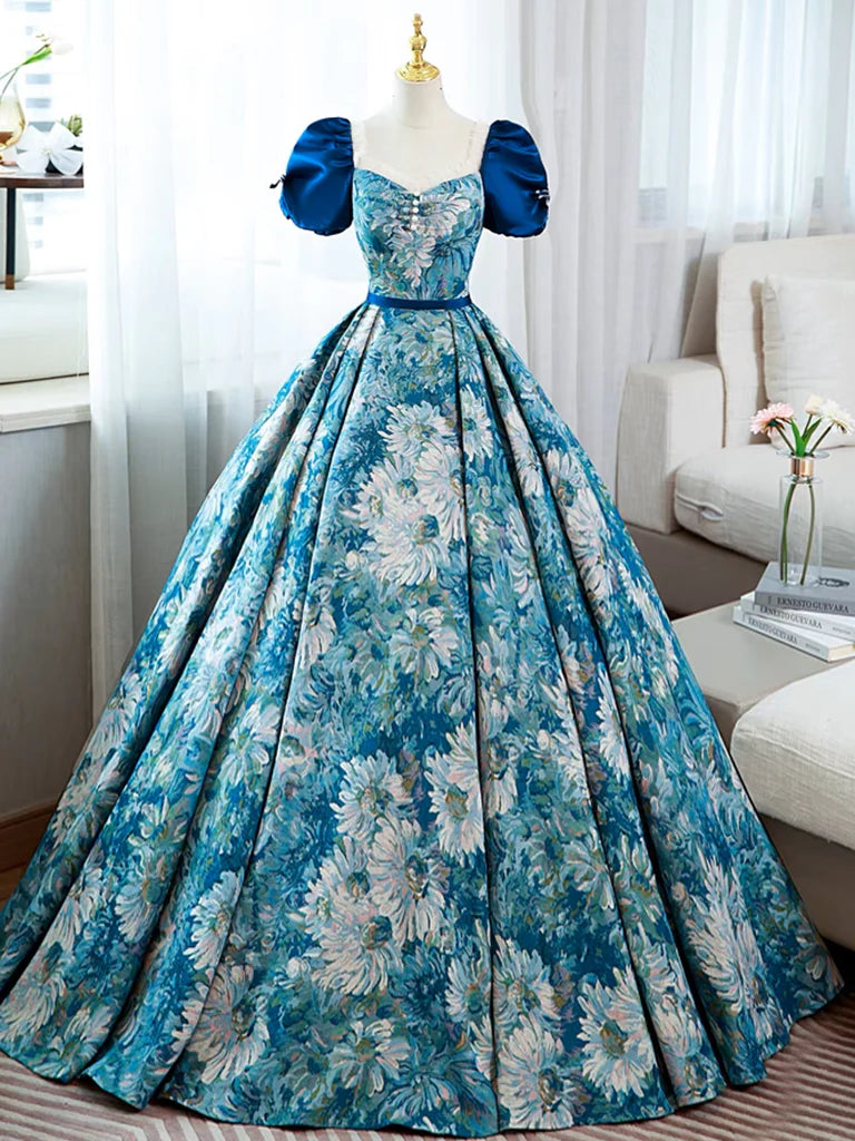 Buyishang A-Line Puff Sleeves Satin Blue Long Prom Dress Blue Long Formal Dress