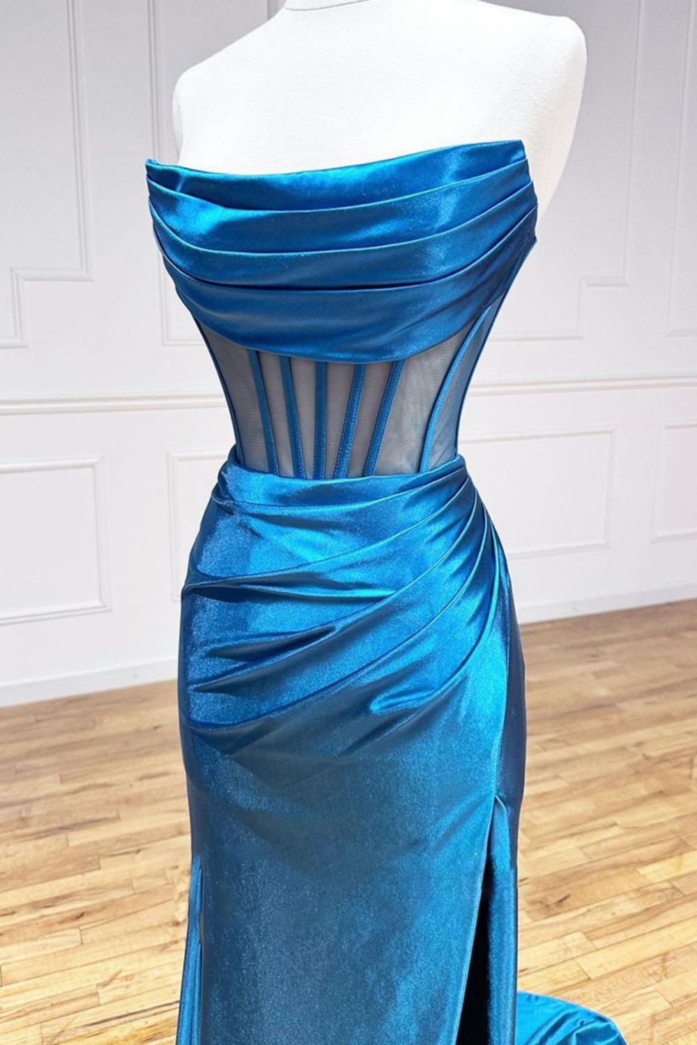 Blue Mermaid Strapless Sweep Train Satin Prom Dress With Split And Pleating
