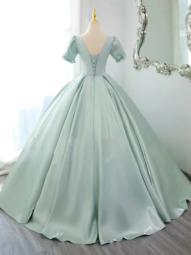 Buyishang A-Line Satin Lace Applique Green Long Prom Dress Green Long Formal Dress