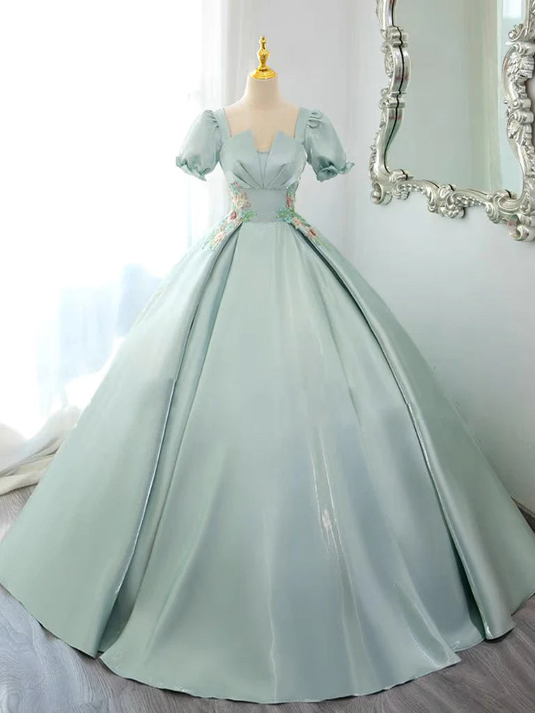 Buyishang A-Line Satin Lace Applique Green Long Prom Dress Green Long Formal Dress