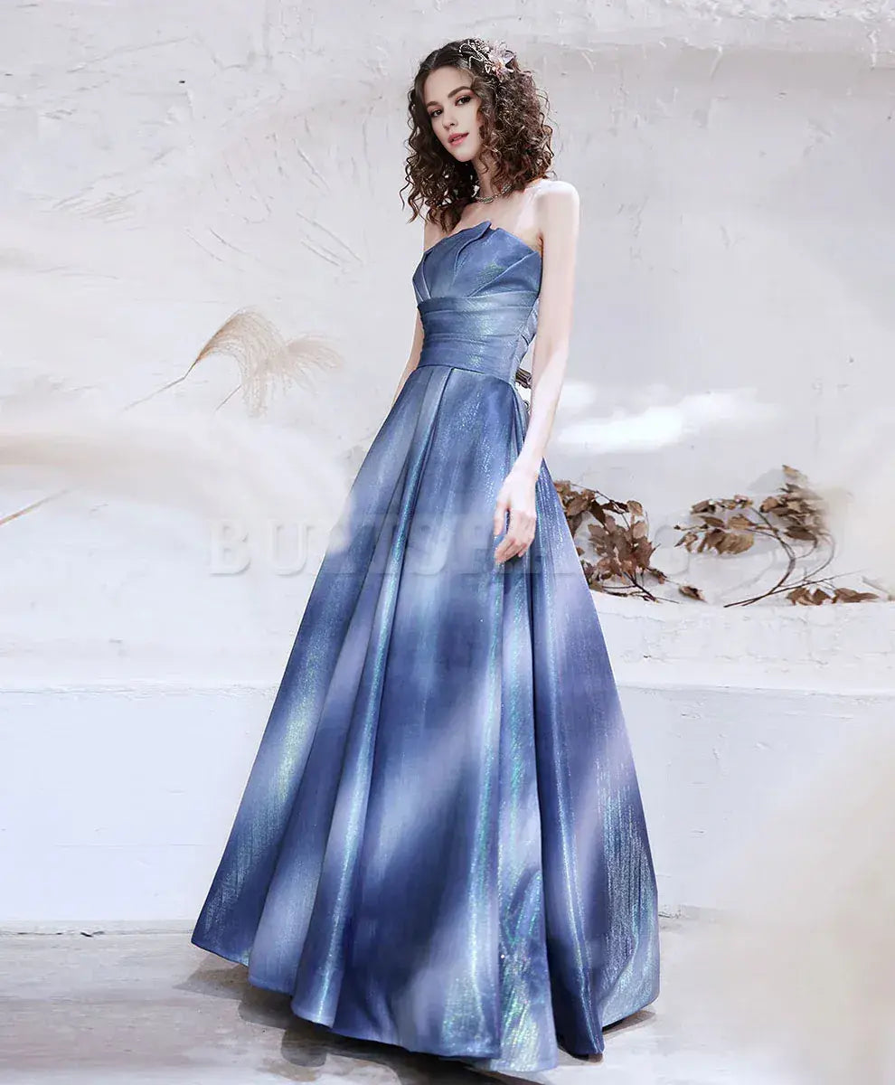 Buyishang Blue Satin Long Prom Dress Blue Aline Formal Evening Dresses prom dress in store