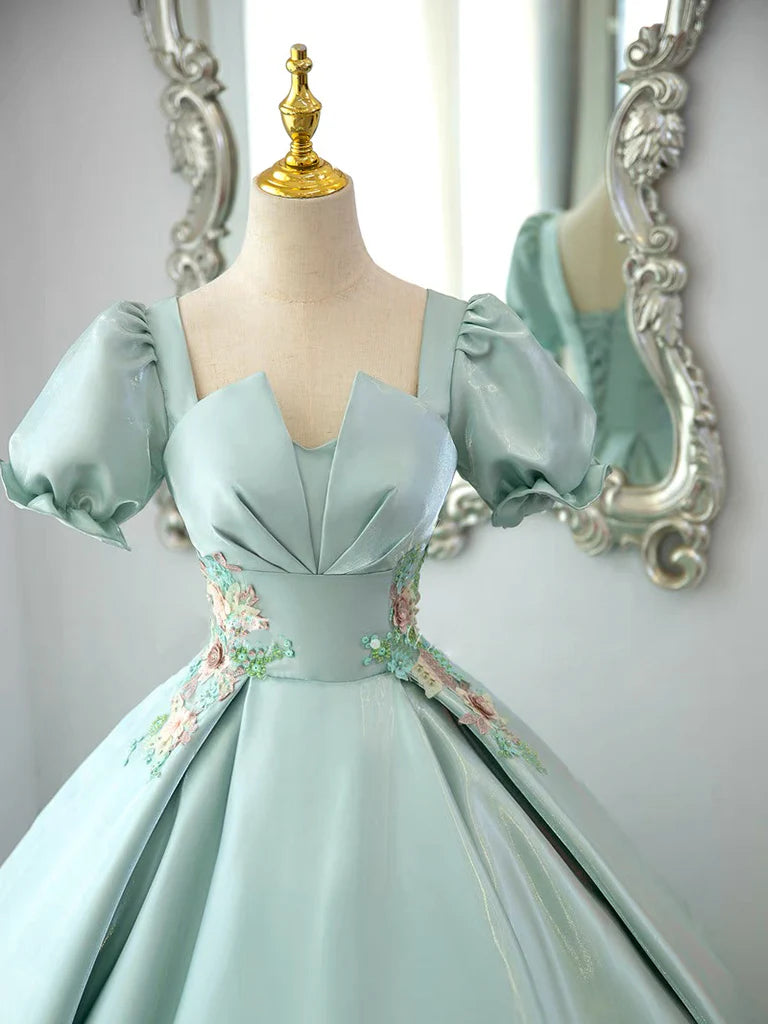 Buyishang A-Line Satin Lace Applique Green Long Prom Dress Green Long Formal Dress