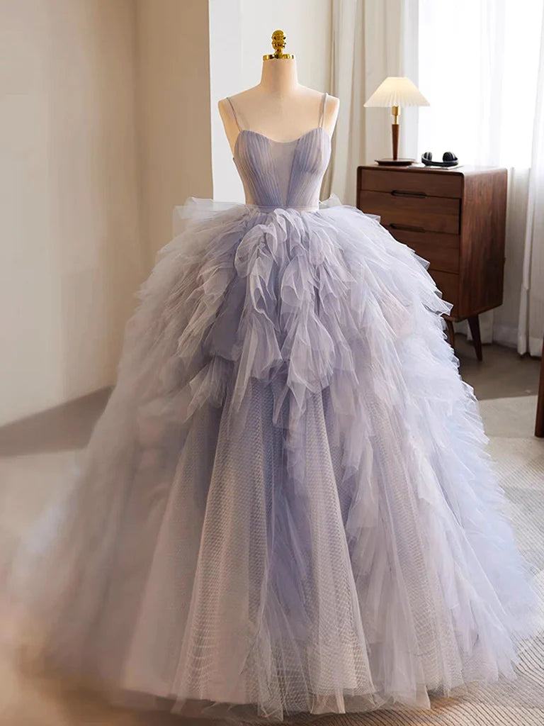 Buyishang Blue Tulle Long Prom Gown Blue Tulle Long Sweet 16 Dress