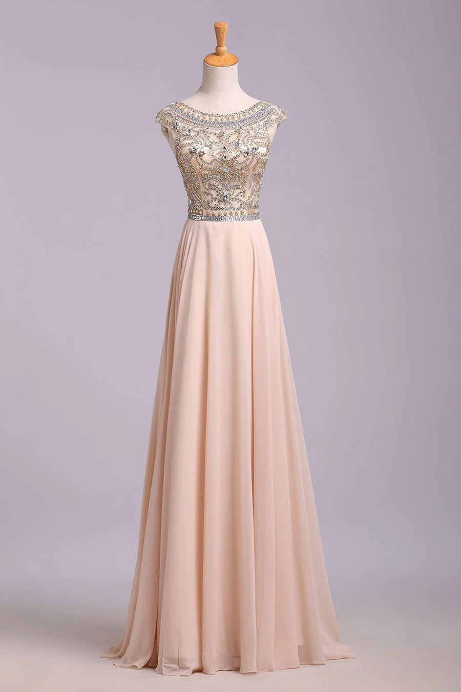 Blush Pink Cap Sleeve Chiffon Beads Round Neck Open Back Long Party Dresses