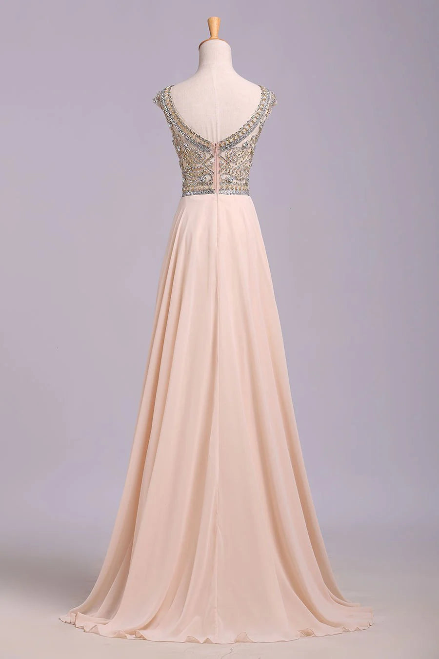 Blush Pink Cap Sleeve Chiffon Beads Round Neck Open Back Long Party Dresses