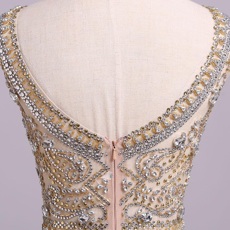 Blush Pink Cap Sleeve Chiffon Beads Round Neck Open Back Long Party Dresses