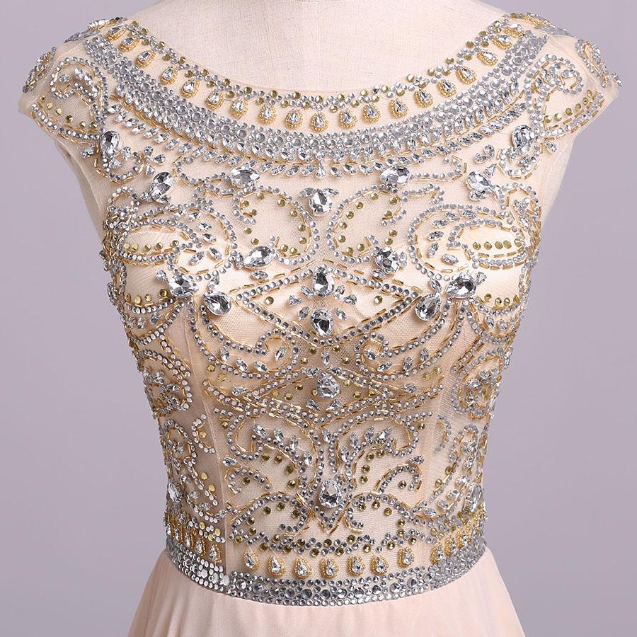 Blush Pink Cap Sleeve Chiffon Beads Round Neck Open Back Long Party Dresses