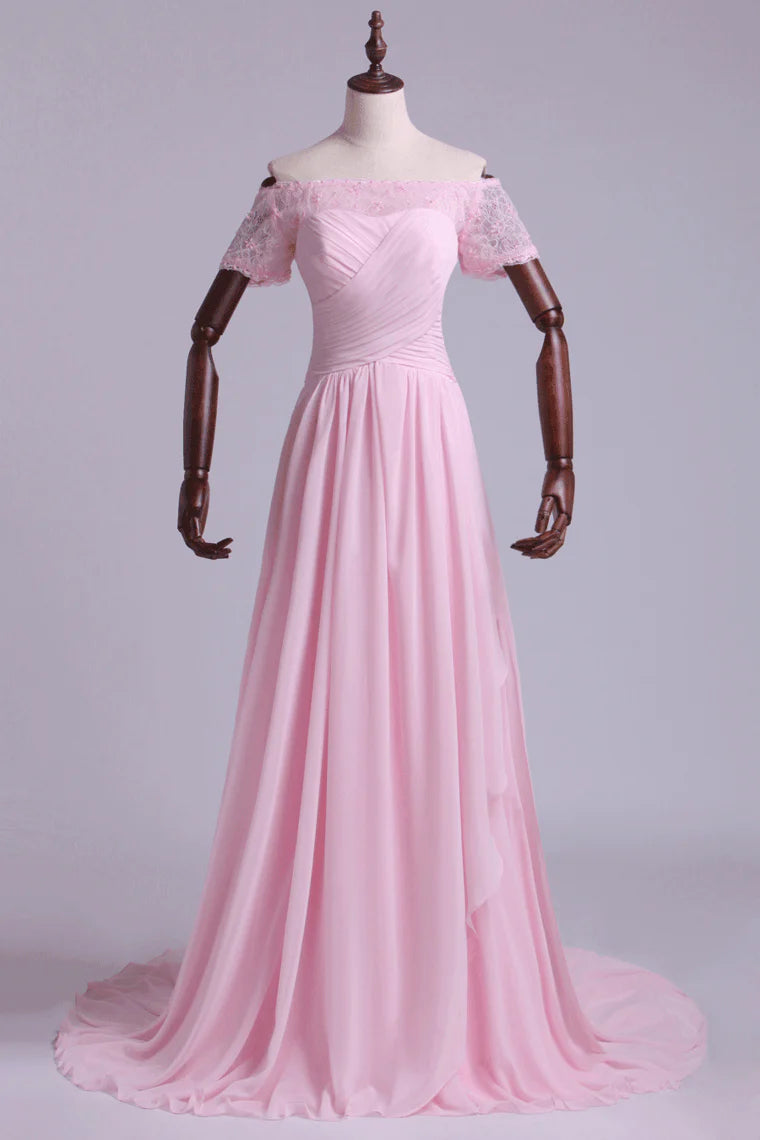 Party Dress Ruched Bodice A Line With Layered Chiffon Skirt Court Train