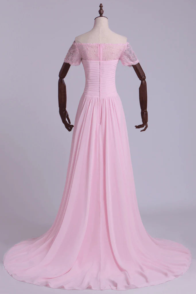 Party Dress Ruched Bodice A Line With Layered Chiffon Skirt Court Train