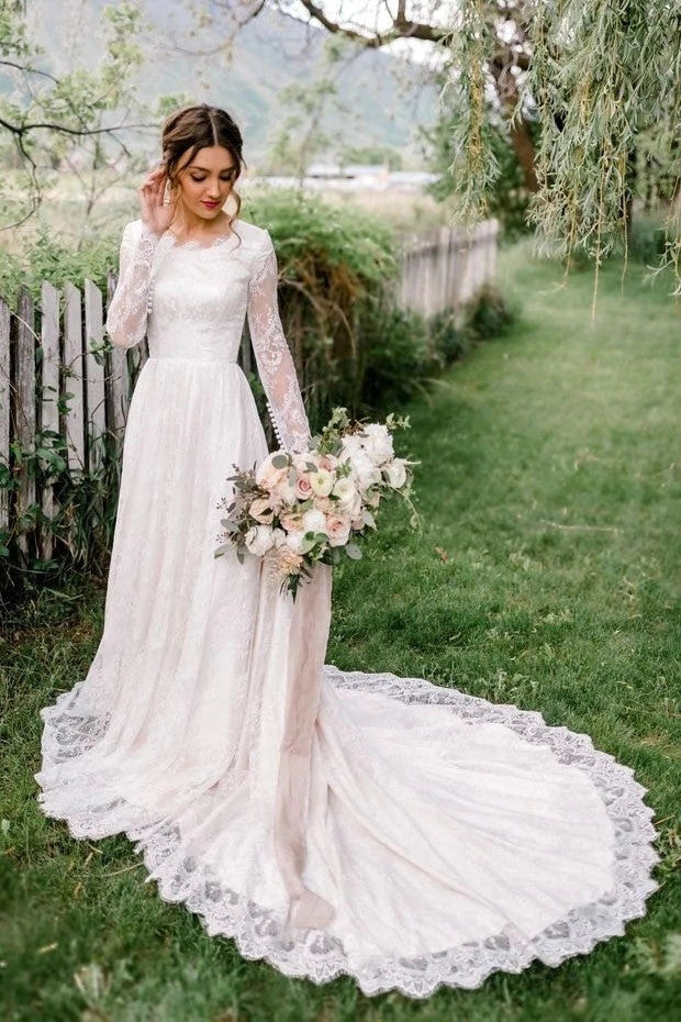 Bohemian A-Line Round Neck Lace Ivory Floor-Length Wedding Dress