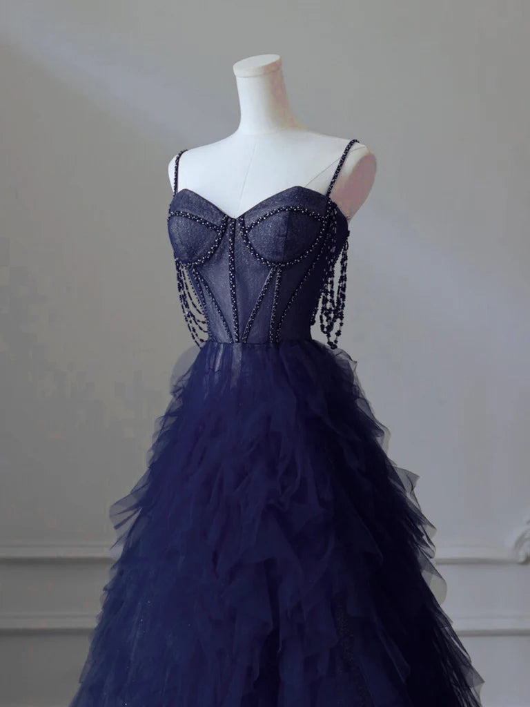 Buyishang A-Line Sweetheart Neck Tulle Dark Blue Long Prom Dress Dark Blue Long Graduation Dress with Beads
