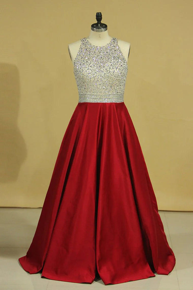 Burgundy Scoop Open Back Beaded Bodice A Line Party Dresses Satin