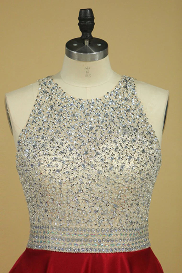 Burgundy Scoop Open Back Beaded Bodice A Line Party Dresses Satin