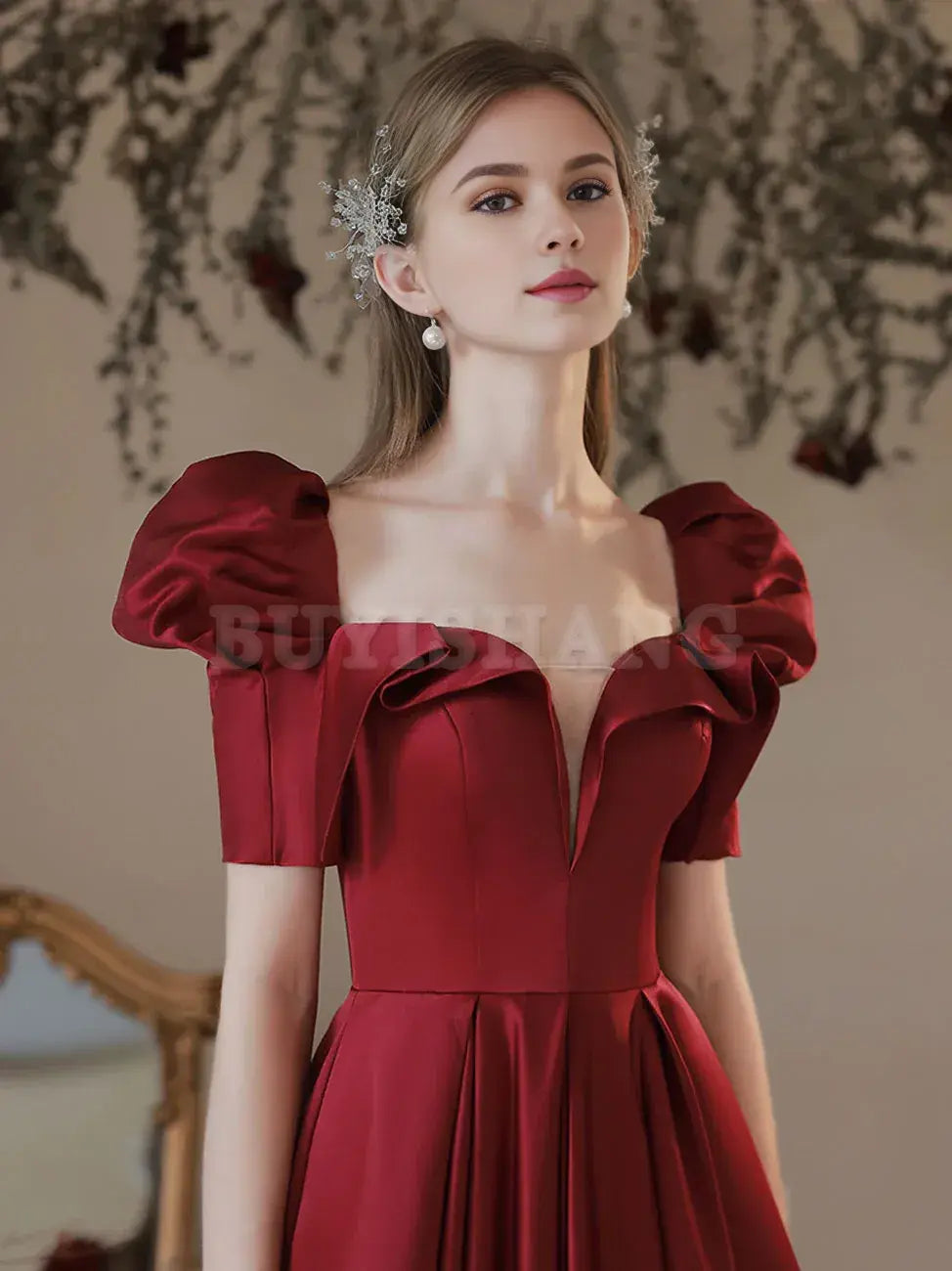 Buyishang Burgundy A-Line Satin Long Prom Dress Burgundy Formal Evening Dress prom dresses shops