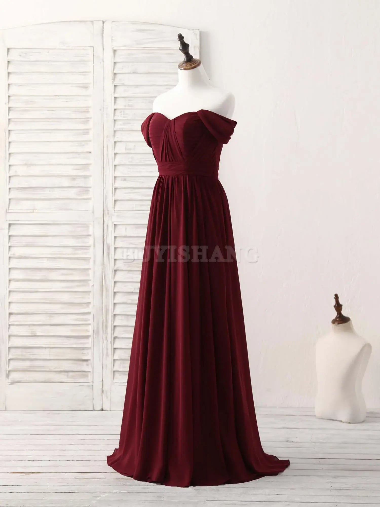 Buyishang Burgundy Chiffon Off Shoulder Long Prom Dress Burgundy Bridesmaid Dress Bridesmaid dress shop