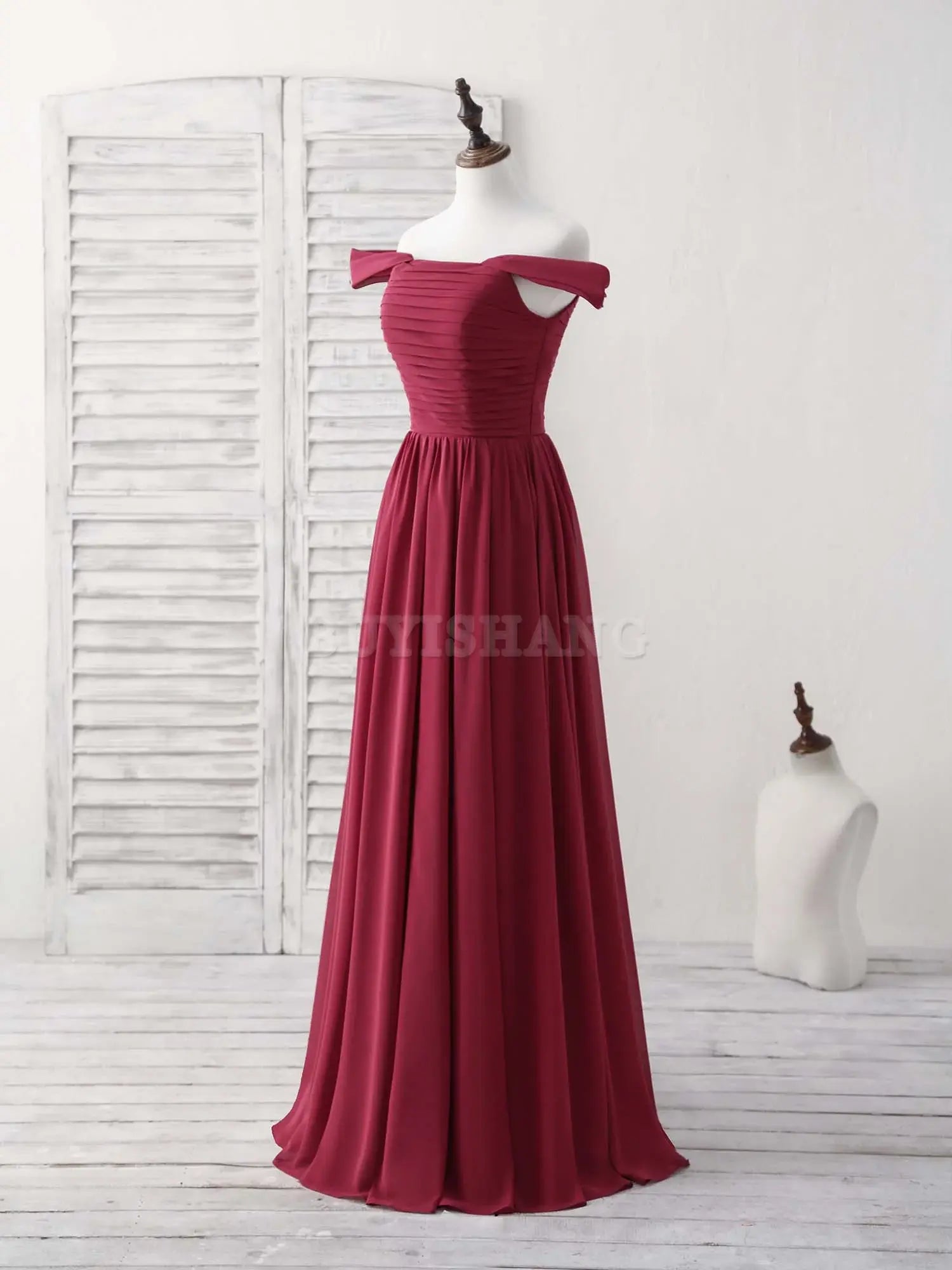 Buyishang Burgundy Chiffon Off Shoulder Long Prom Dress Burgundy Bridesmaid Dress Bridesmaid dress shop