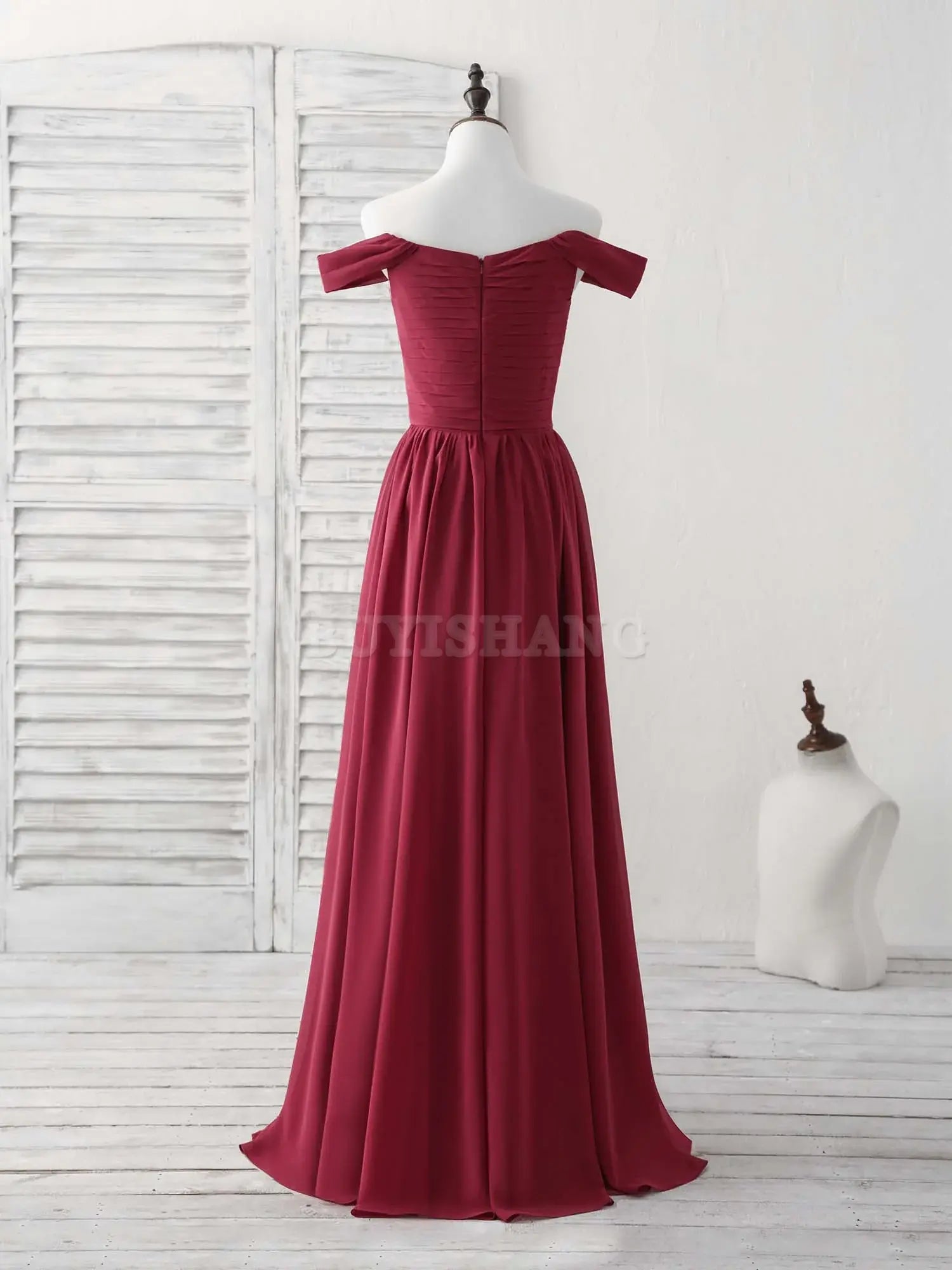 Buyishang Burgundy Chiffon Off Shoulder Long Prom Dress Burgundy Bridesmaid Dress Bridesmaid dress shop