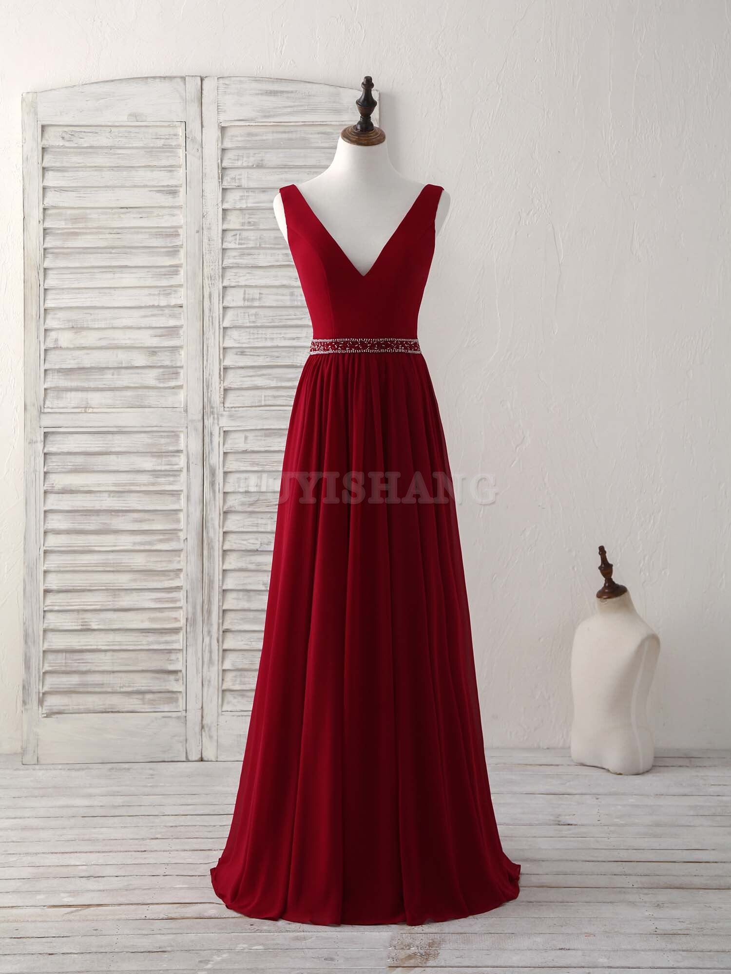Buyishang Burgundy Chiffon V Neck Beads Long Prom Dress Burgundy Evening Dress Bridesmaid dress shop