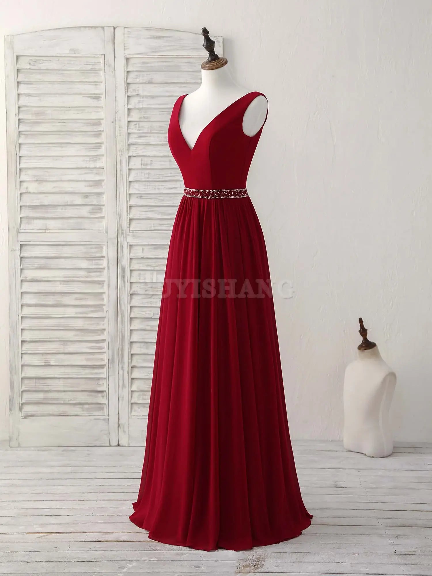 Buyishang Burgundy Chiffon V Neck Beads Long Prom Dress Burgundy Evening Dress Bridesmaid dress shop