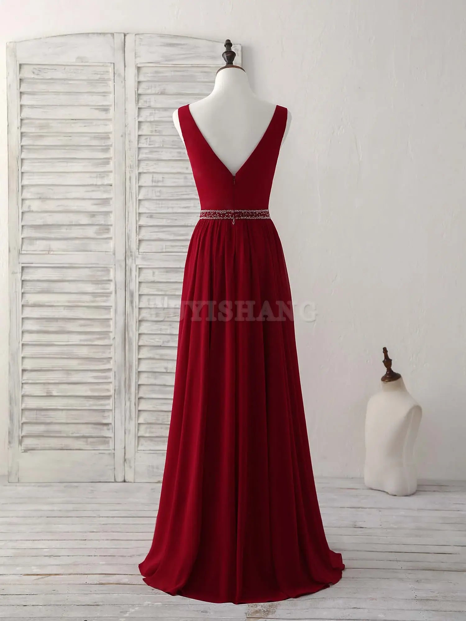 Buyishang Burgundy Chiffon V Neck Beads Long Prom Dress Burgundy Evening Dress Bridesmaid dress shop