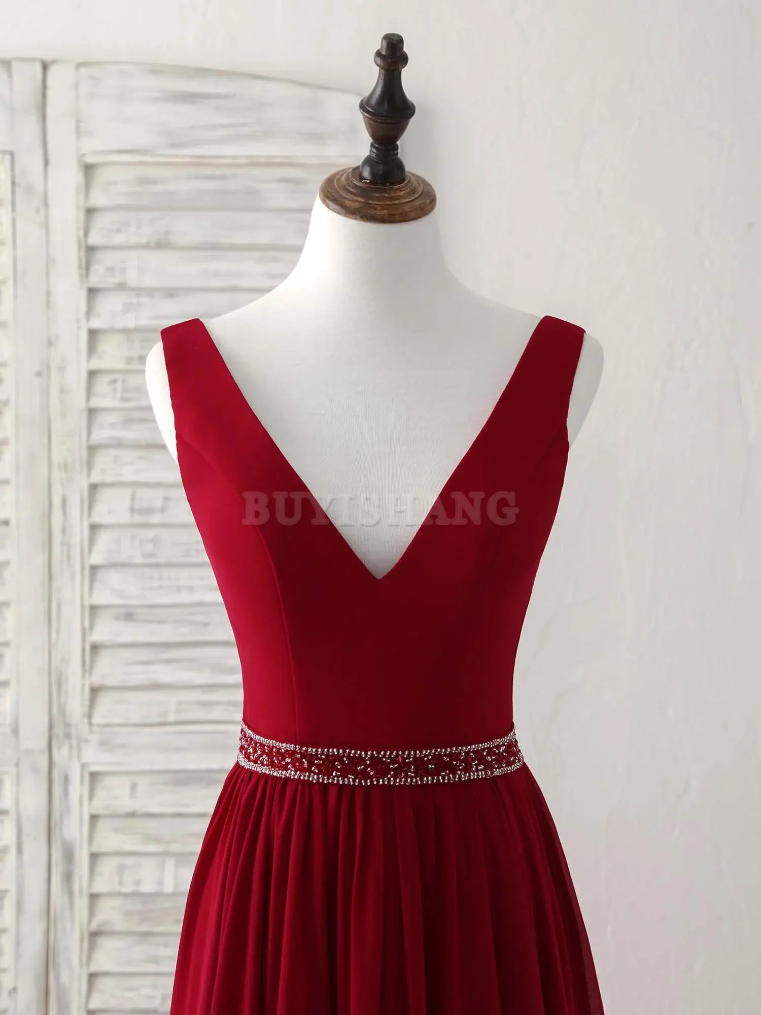 Buyishang Burgundy Chiffon V Neck Beads Long Prom Dress Burgundy Evening Dress Bridesmaid dress shop