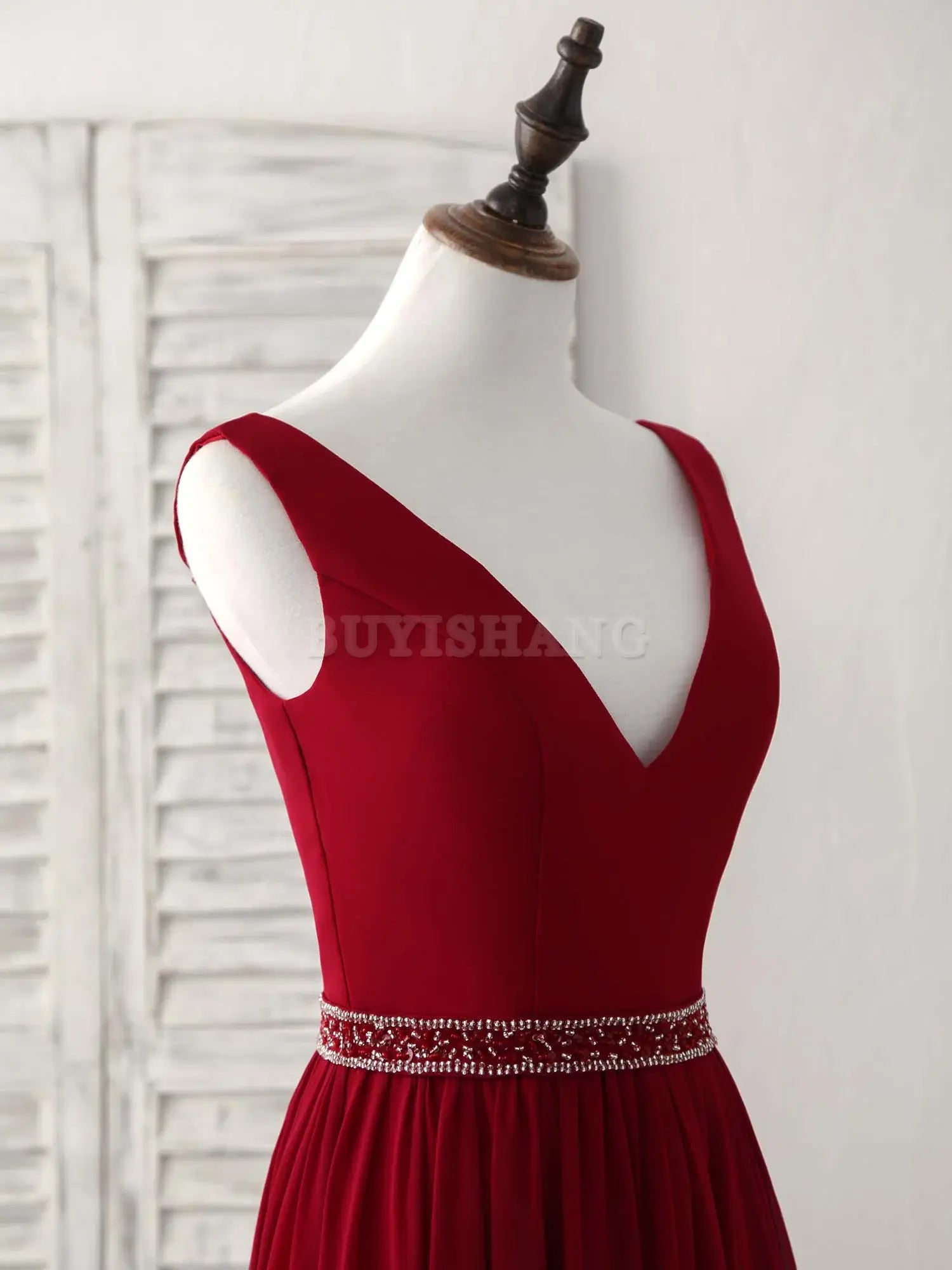 Buyishang Burgundy Chiffon V Neck Beads Long Prom Dress Burgundy Evening Dress Bridesmaid dress shop