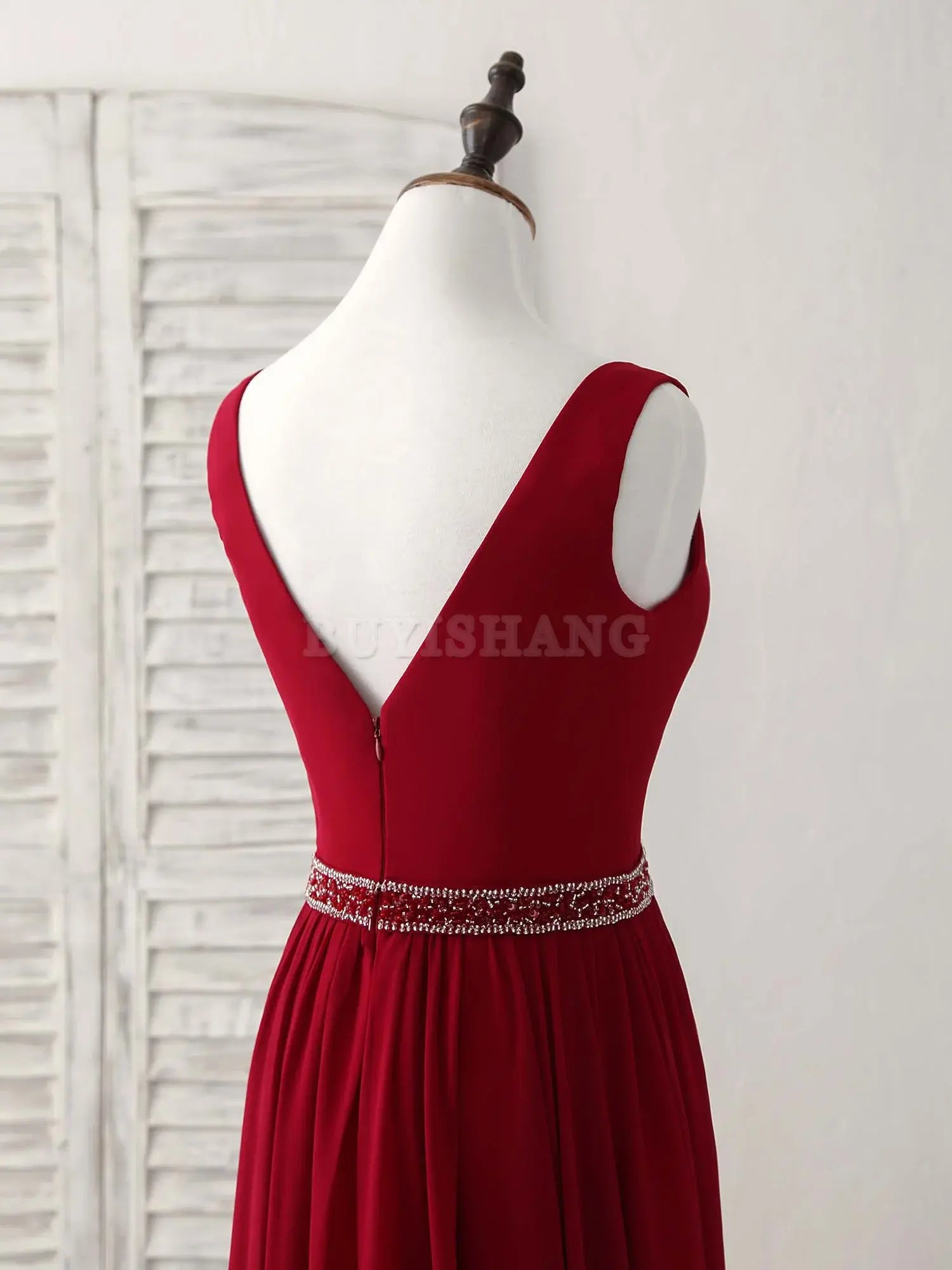 Buyishang Burgundy Chiffon V Neck Beads Long Prom Dress Burgundy Evening Dress Bridesmaid dress shop