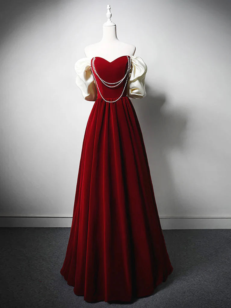 Buyishang Burgundy A-Line Off Shoulder Velvet Lace Long Prom Dress Burgundy Long Formal Dress