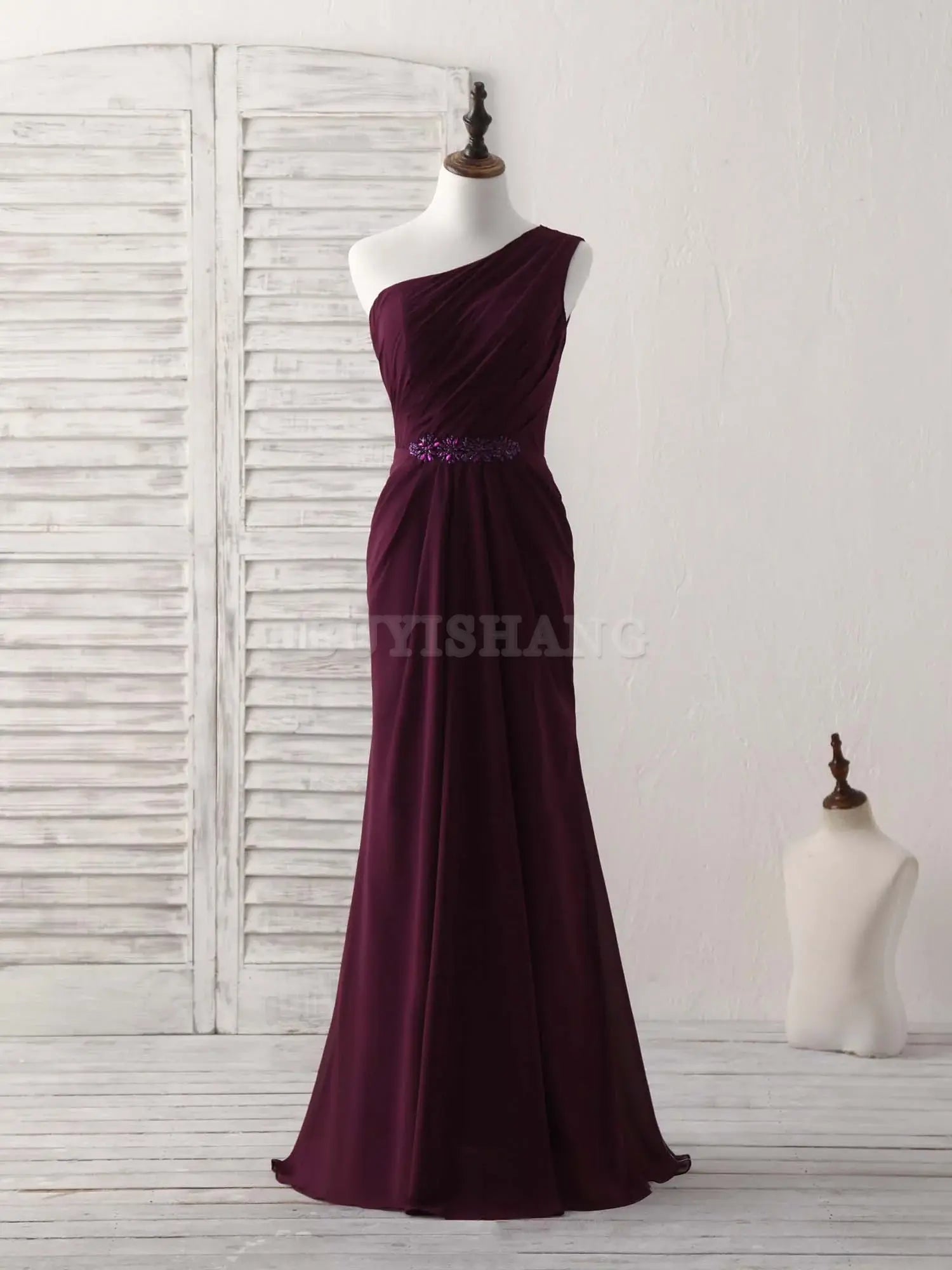 Buyishang Burgundy One Shoulder Chiffon Mermaid Long Prom Dresses Bridesmaid dress shop
