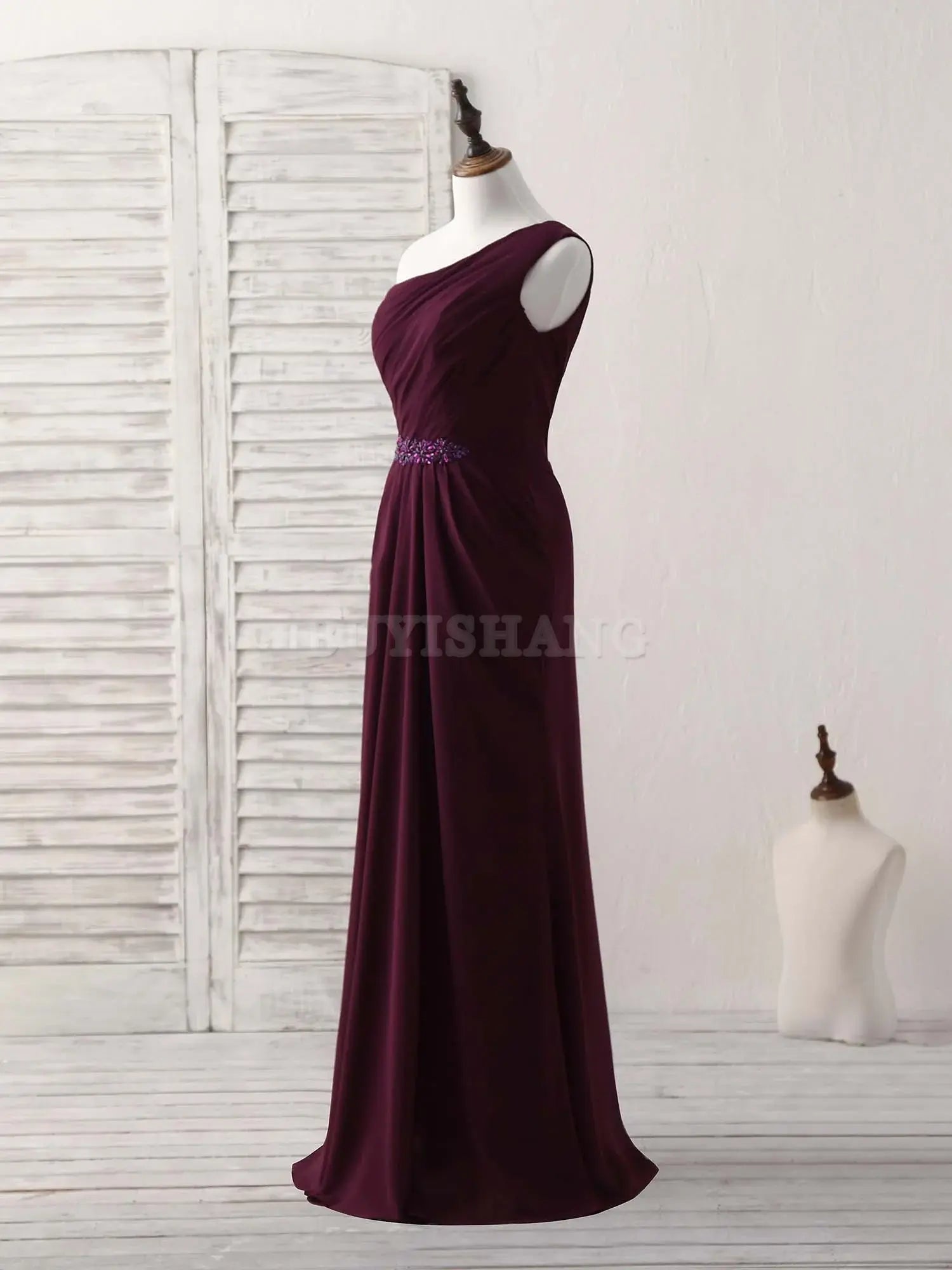 Buyishang Burgundy One Shoulder Chiffon Mermaid Long Prom Dresses Bridesmaid dress shop