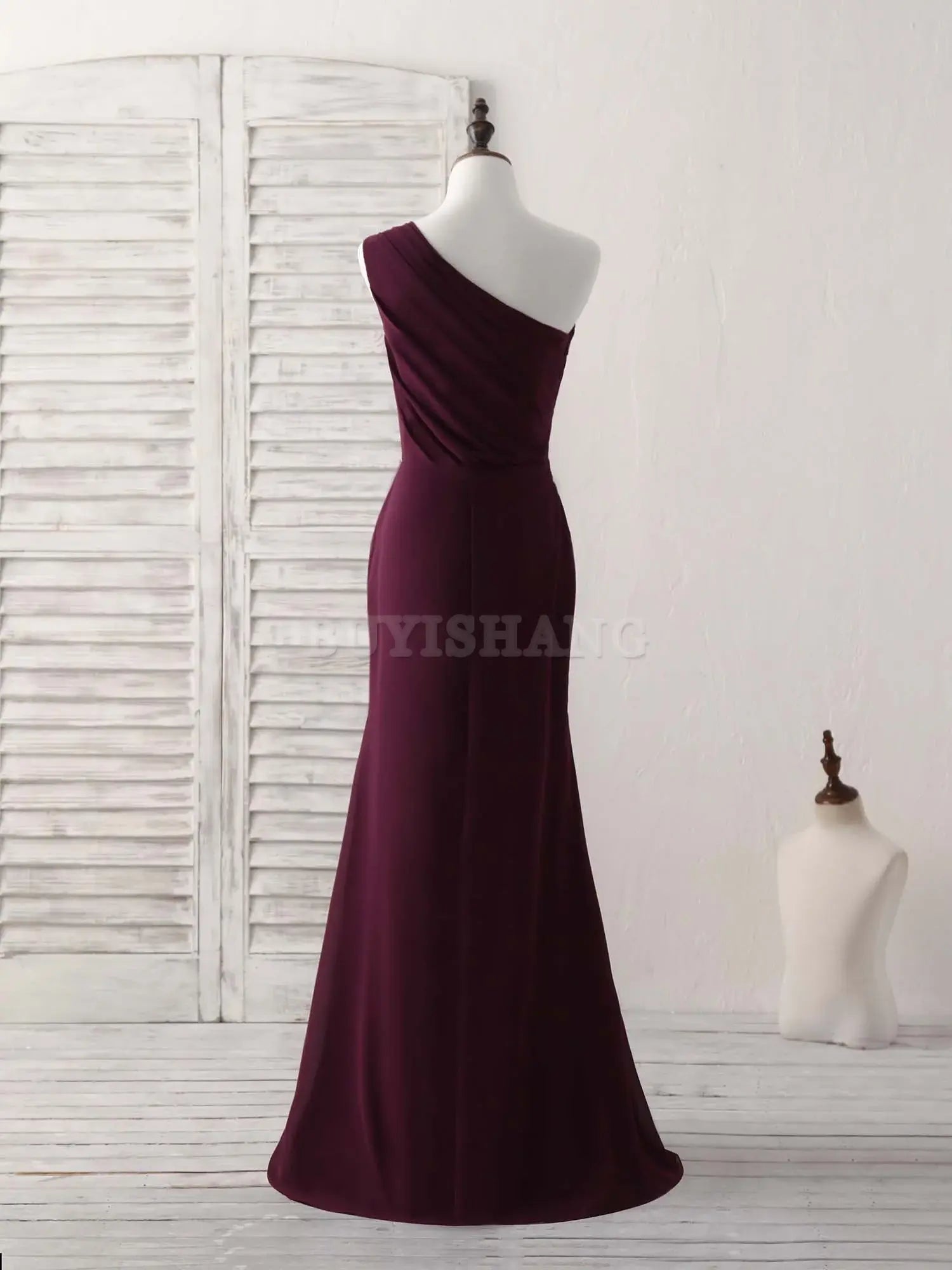 Buyishang Burgundy One Shoulder Chiffon Mermaid Long Prom Dresses Bridesmaid dress shop