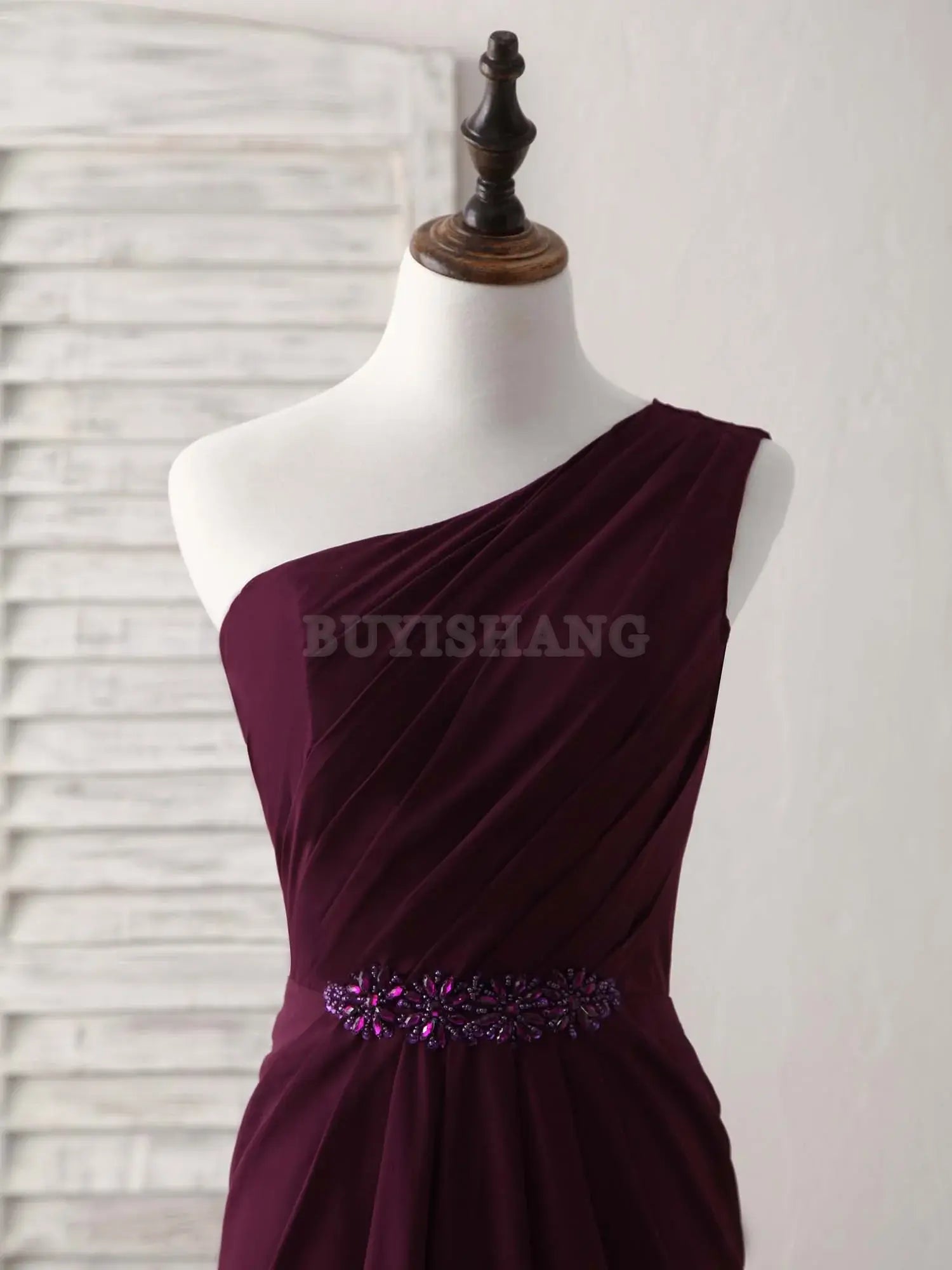 Buyishang Burgundy One Shoulder Chiffon Mermaid Long Prom Dresses Bridesmaid dress shop
