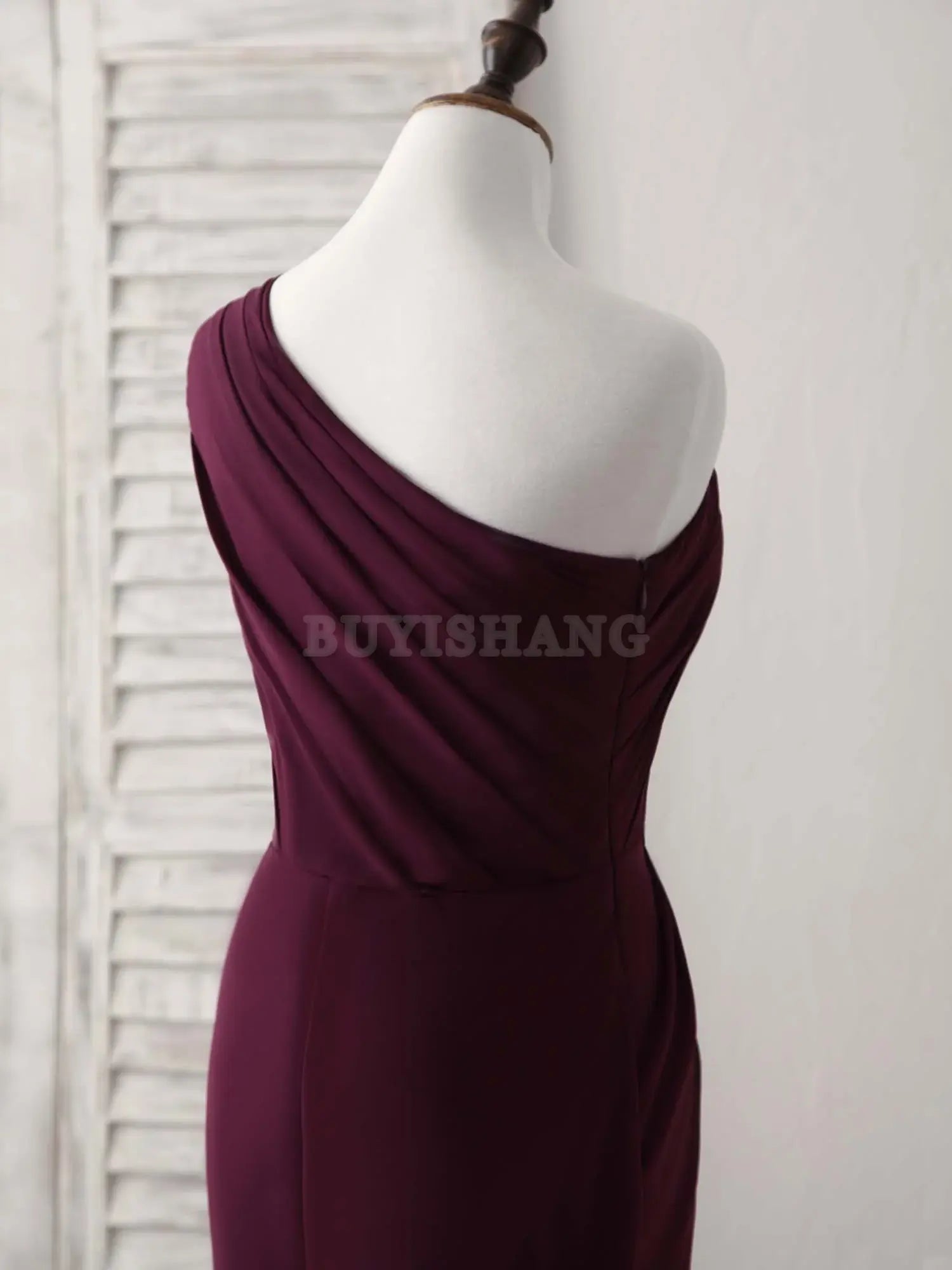 Buyishang Burgundy One Shoulder Chiffon Mermaid Long Prom Dresses Bridesmaid dress shop