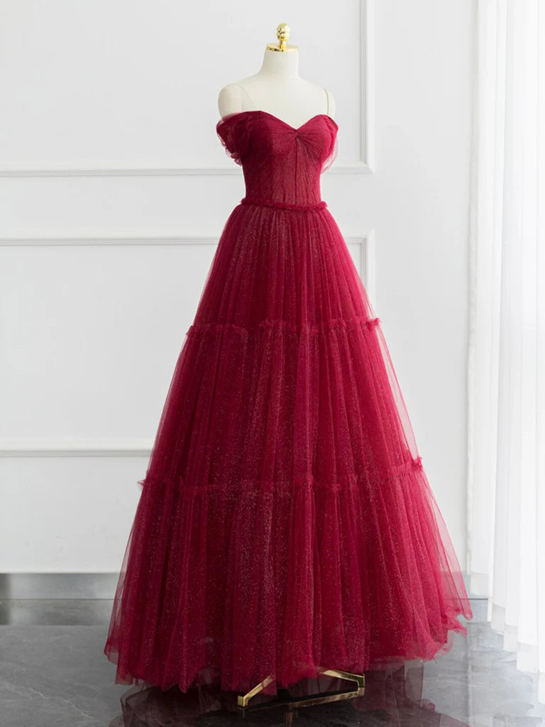 Buyishang A-line Off Shoulder Tulle Shiny Burgundy Long Prom Dress Burgundy Long Formal Dress