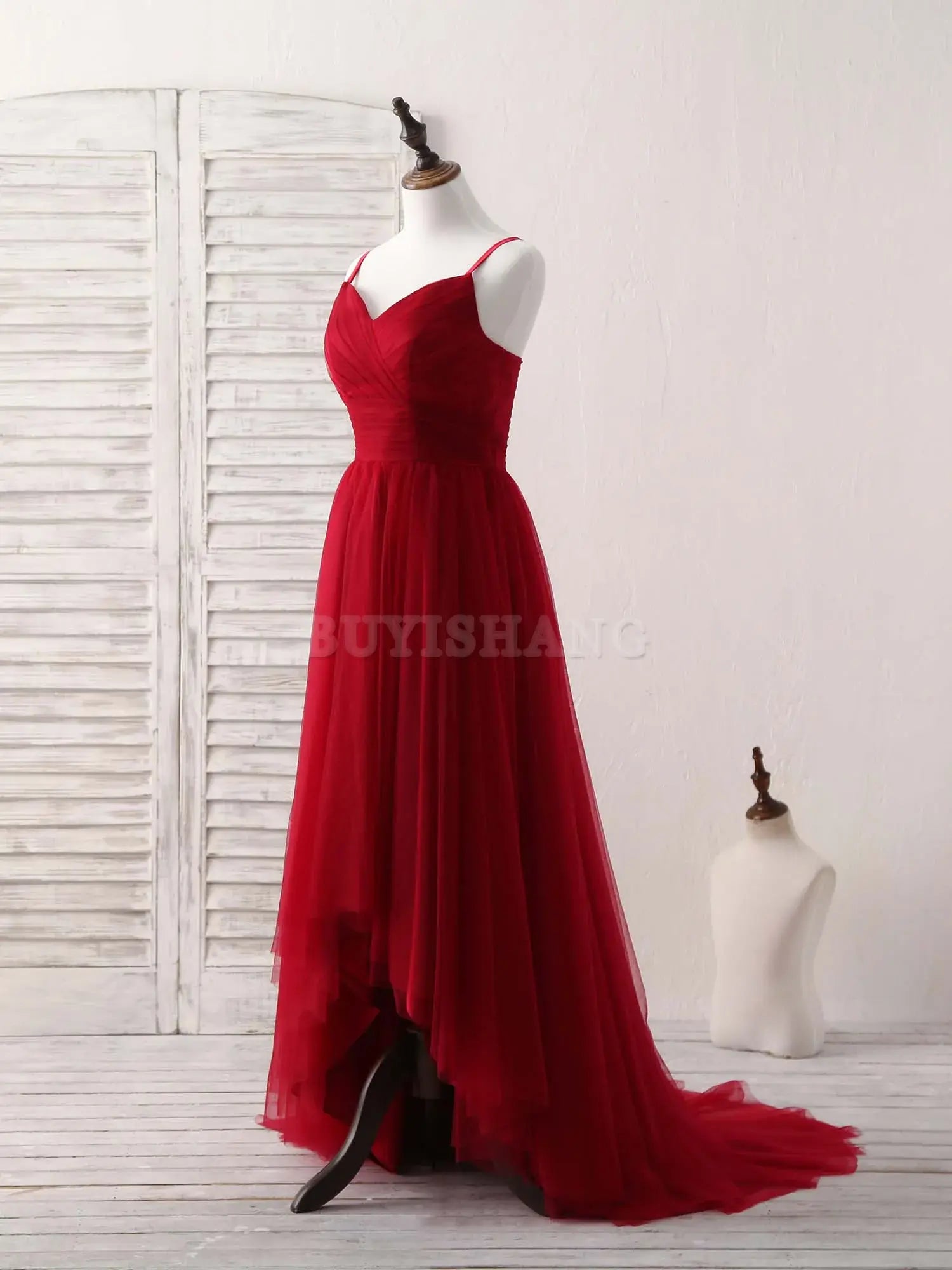 Buyishang Burgundy Sweetheart Neck Tulle High Low Prom Dress Burgundy Formal Dress Bridesmaid dress shop