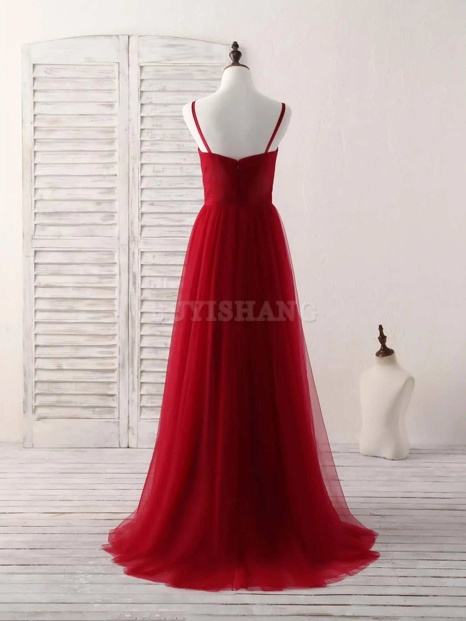 Buyishang Burgundy Sweetheart Neck Tulle High Low Prom Dress Burgundy Formal Dress Bridesmaid dress shop