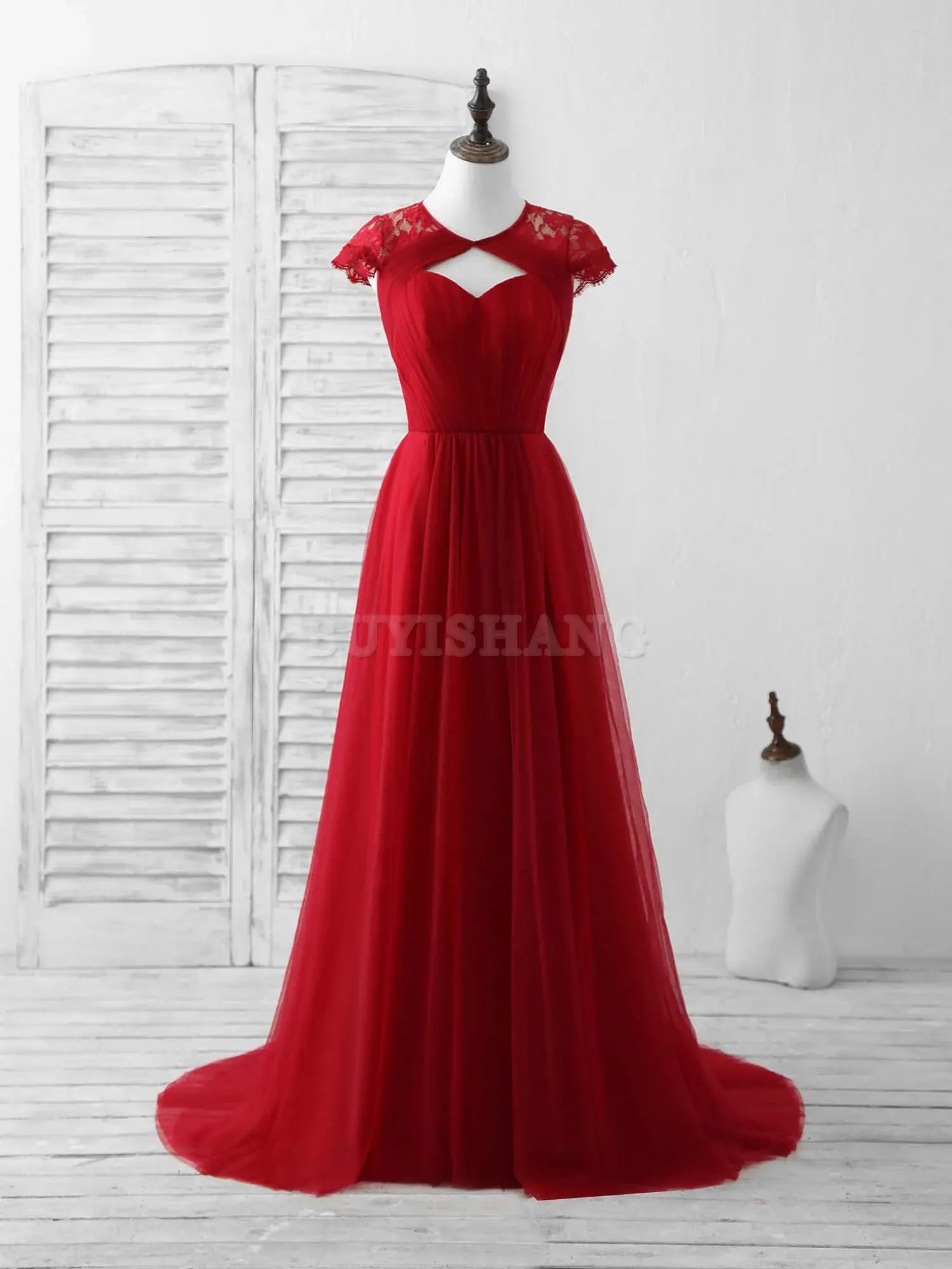 Buyishang Burgundy Tulle Lace Long Prom Dress Burgundy Evening Dress Bridesmaid dress shop