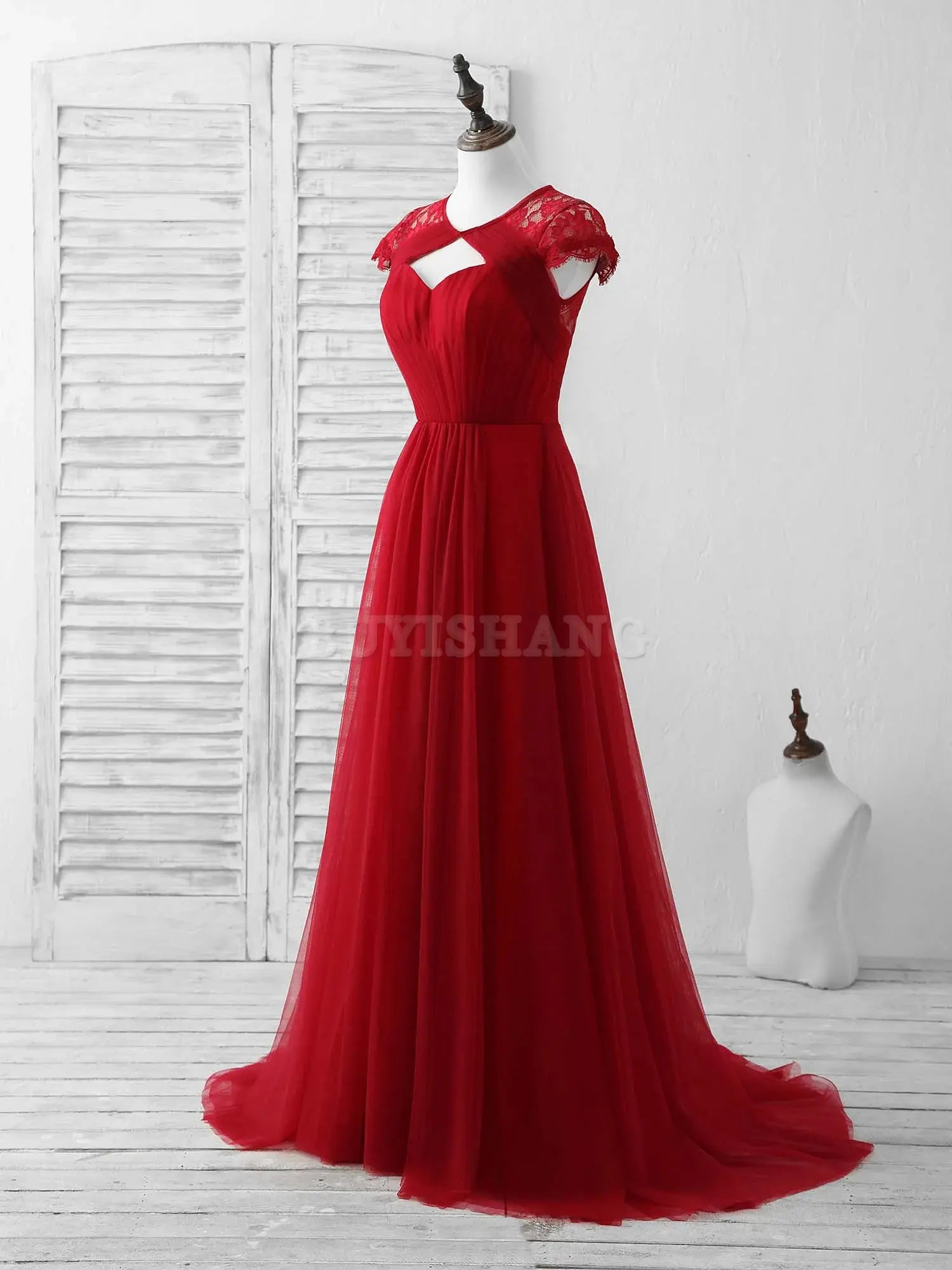 Buyishang Burgundy Tulle Lace Long Prom Dress Burgundy Evening Dress Bridesmaid dress shop