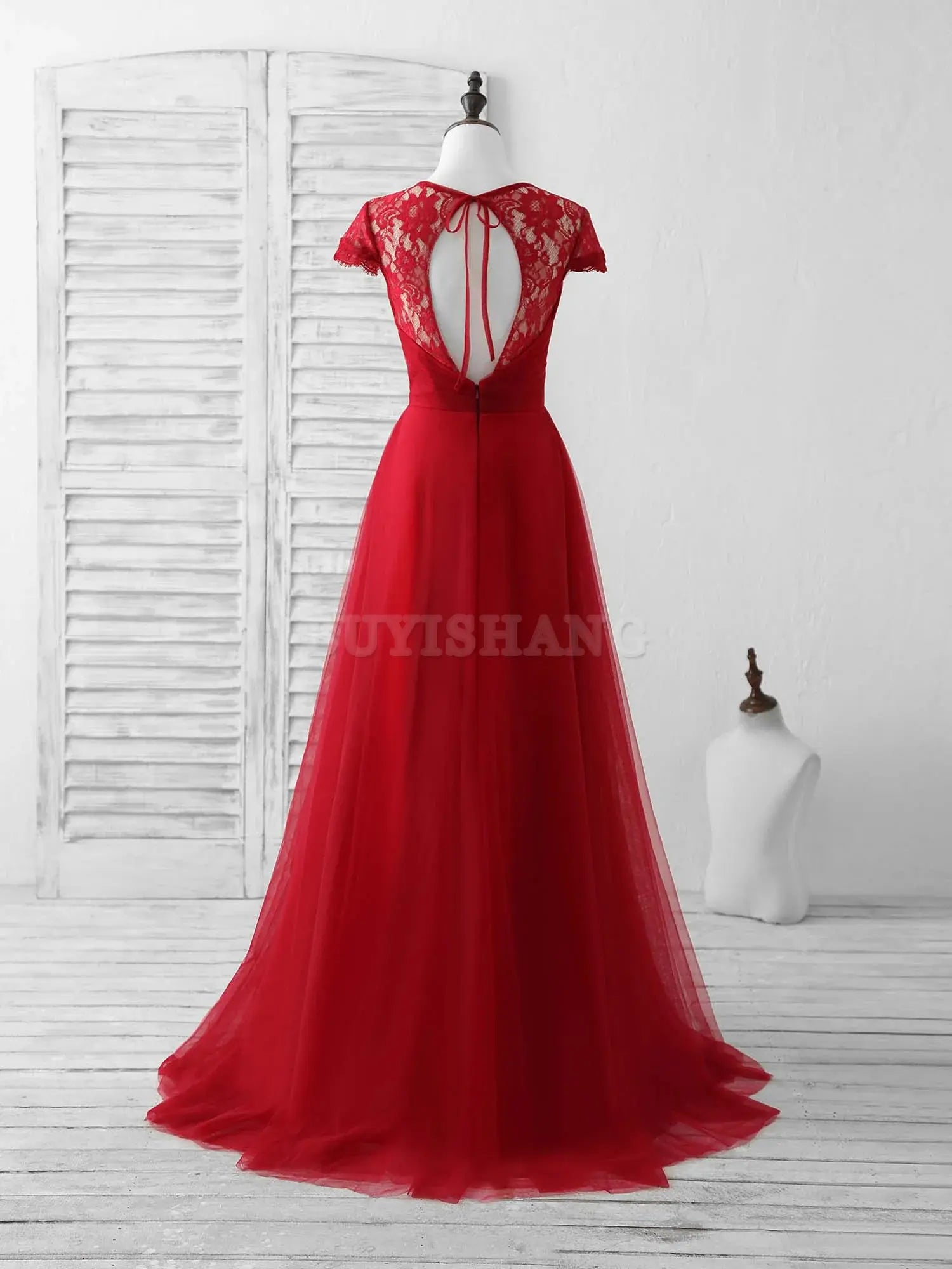 Buyishang Burgundy Tulle Lace Long Prom Dress Burgundy Evening Dress Bridesmaid dress shop